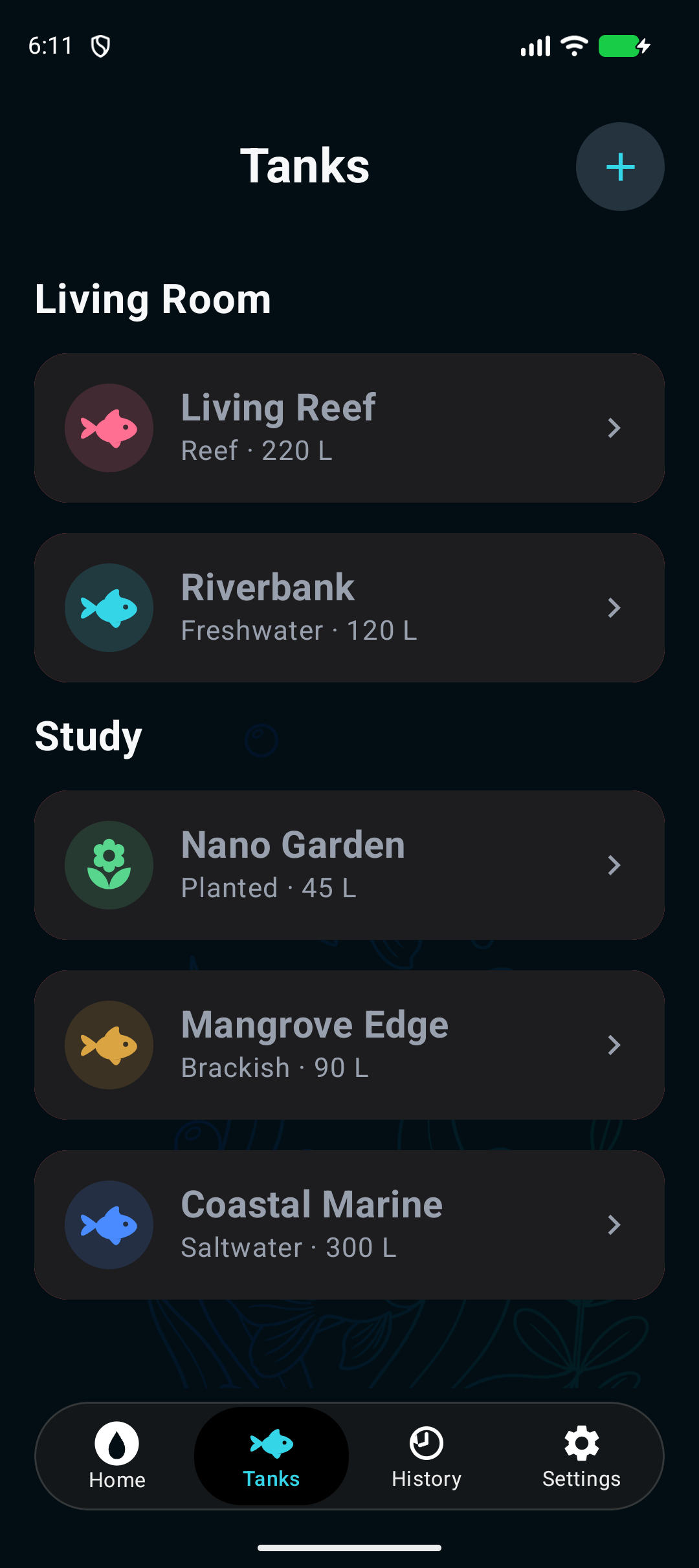 WaterChange Tanks screen on Android showing five reef, freshwater, planted, brackish and saltwater aquariums