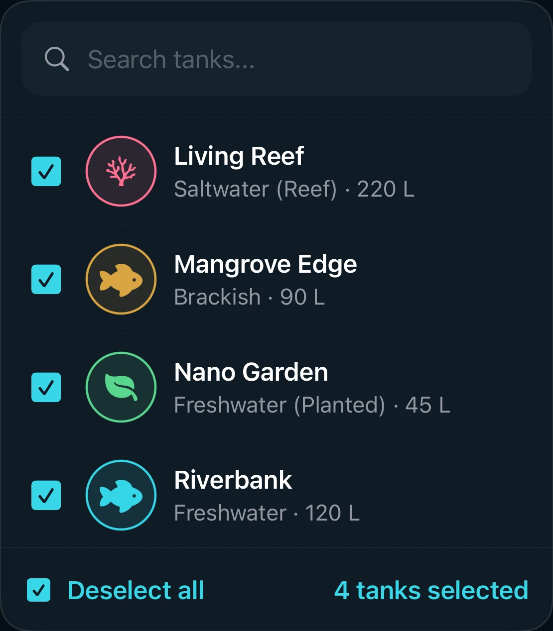 WaterChange Select tanks tile showing Living Reef, Mangrove Edge, Nano Garden and Riverbank selected